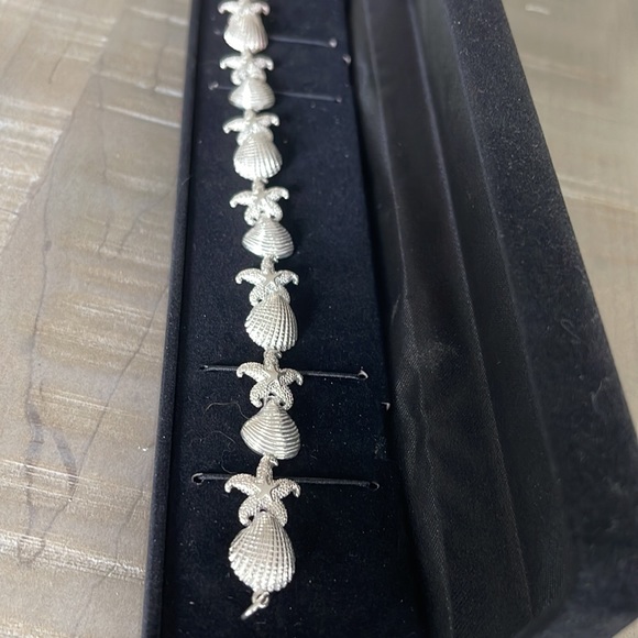 Sterling Silver 925 Beachy Textured Sea Life Shell Starfish Link Bracelet 7.5" - Picture 3 of 10